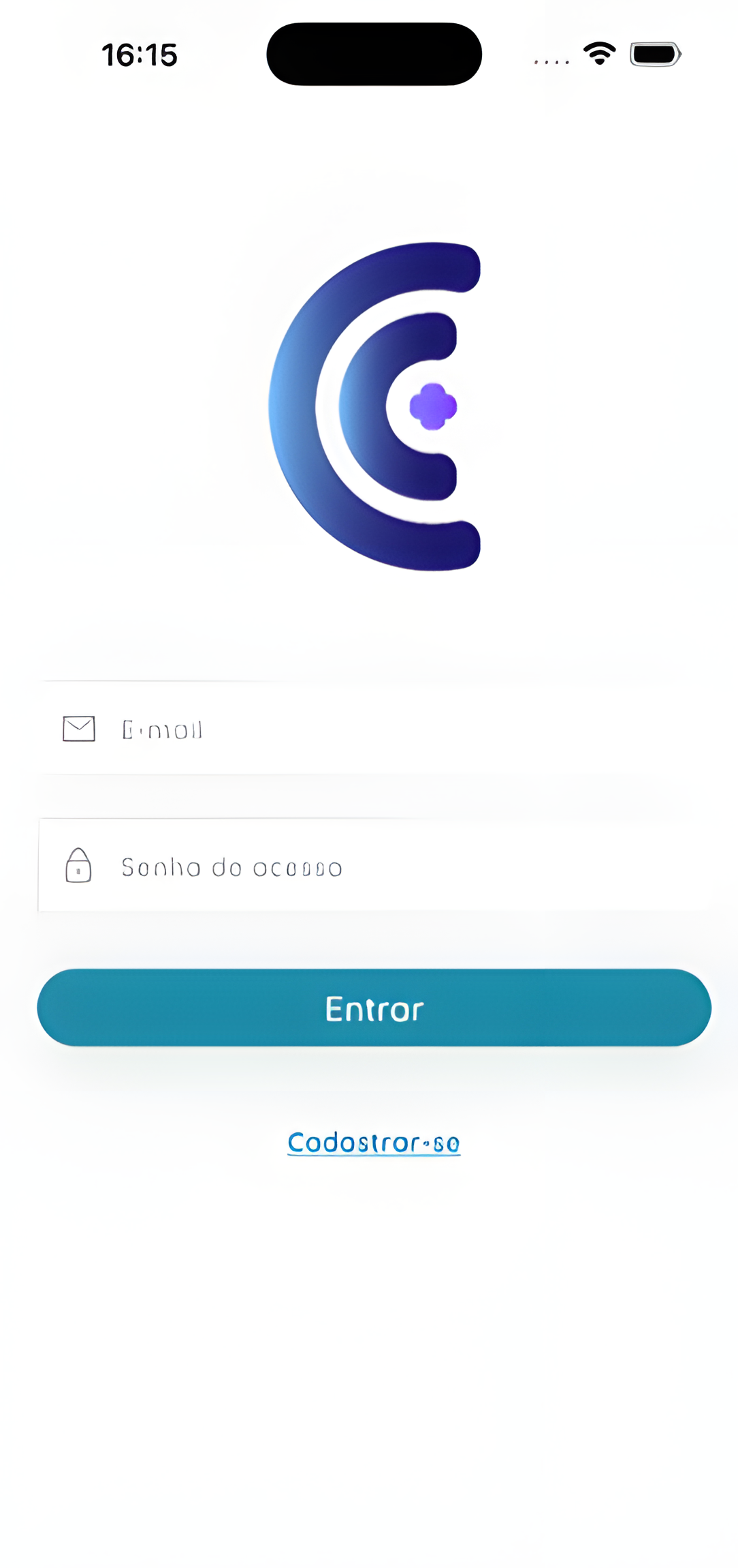 tela inicial do aplicativo Raise Clinic, contendo logo, e caixas para inserir dados de acesso